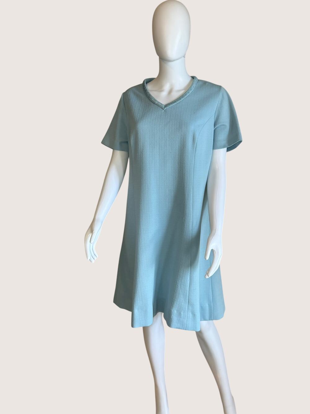 Light Blue Textured Shift Dress V-Neck Short Sleeve Midi